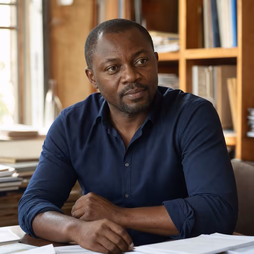 Homme pensif assis à un bureau, intérieur cosy.